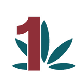 Eine dunkelrote Eins vor einem dunkelgrünen Hanfblatt